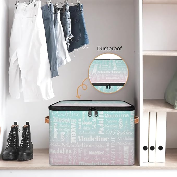 Custom Storage Basket with Name Personalized Keepsake Box with Zipper Lid Foldable Fabric Memory Bin Large capacity with Handle Green Pink
