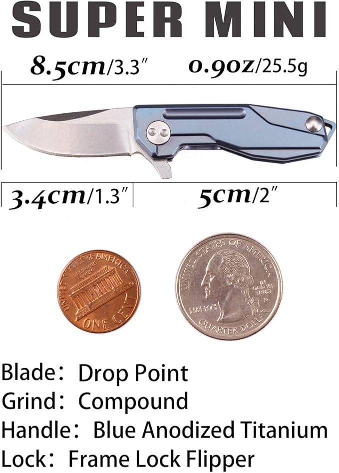 Samior HY002 Ultra Small Little Folding Pocket Flipper Knife 1.3” D2 Damascus Blade Blue Titanium Handle with Frame Lock Mini EDC Keychain Necklace Knives (Blue)
