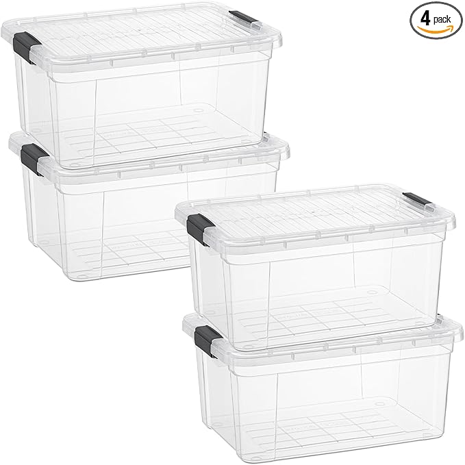 Superio Storage Bins with Lids- 4 Pack 1.85 Qt Clear Boxes for Organizing Stackable Plastic Containers- BPA Free Non-Toxic Odor Free Organizer for Home Office Dorm