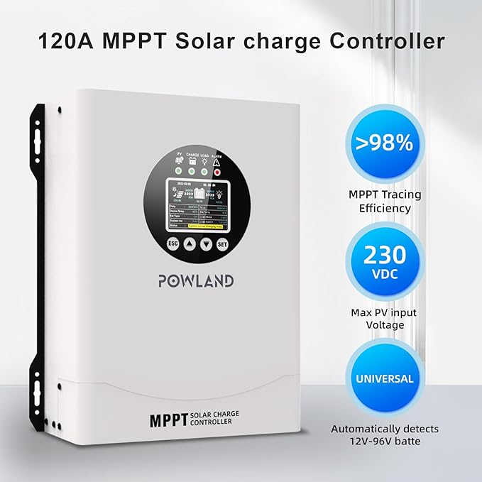 POWLAND 120A MPPT Solar Charge Controlle 12V/24V/36V/48V/60V/72V/84V/96V AutoMax Input 230V Solar Charger LCD Display Intelligent Regulator for AGM Gel Lithium ect