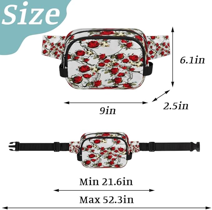 Rose Skulls Waterproof Fanny Pack for Women Men Adjustable Waist Bag with Double Zipper Pockets Lightweight Square Hip Pack for Running Travel Hiking Workout Cycling