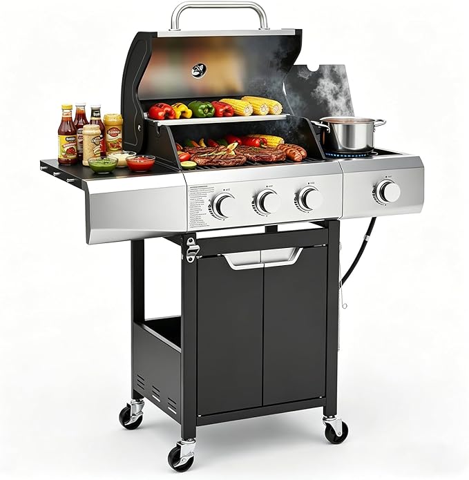 EUHOME 40500 BTU 3-Burner Propane Gas Grill with Side Burner Stainless Steel Outdoor BBQ Grill with 380 sq.in Cooking Space 4 Swivel Casters &amp Cast Iron Grates for Patio Backyard Garden