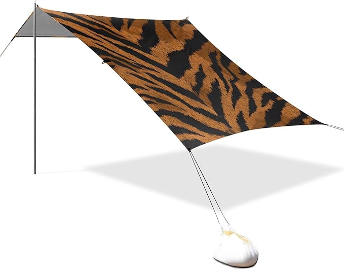 ALAZA Light Brown Tiger Prints Beach Tent Sun Shelter UPF50+ Protection Beach Shade Canopy w/ 4 Sandbags for Outdoor Camping Fishing Backyard Fun Picnic 10x9 ft