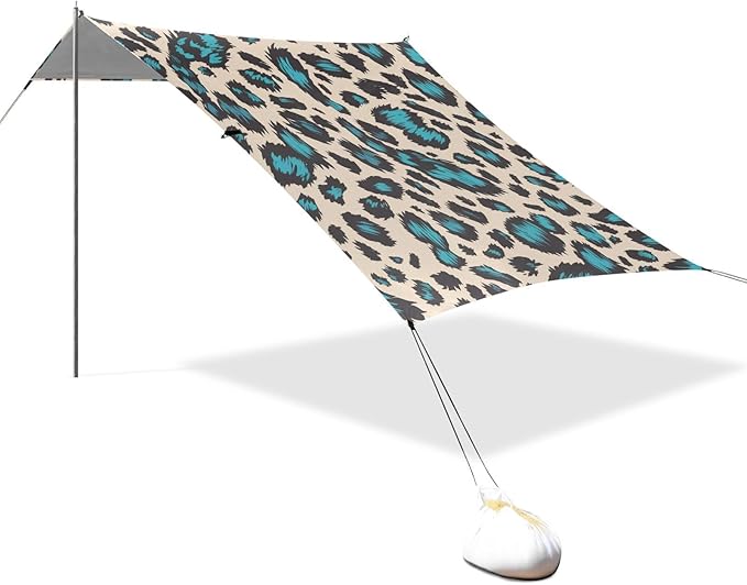 Leopard Print Style Paleturquoise Beach Tent UPF50+ Water-Resistant Large Portable Sun Shelter with Carrying Bag for Family Trips Picnics &amp Camping