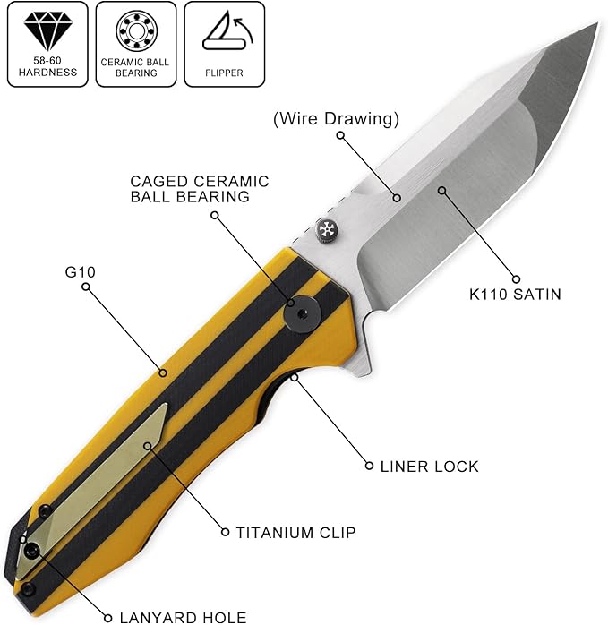 Petrified fish PFP08 Mocado Pocket Knife3.58 K110 Steel Satin Blade 5.64oz G10 Handle Flipper Liner lock Folding knife (Yellow Satin)