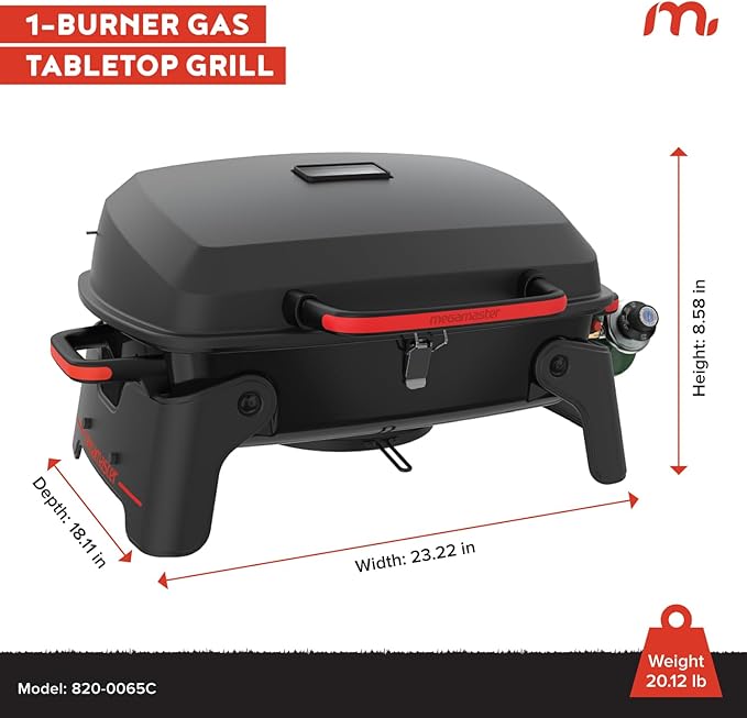 Megamaster 1-Burner Portable Gas Grill with Locking Lid 11000 BTU Stainless Steel Burner Foldable Legs Small Propane Grill for Outdoor Cooking Camping BBQs Patios and Gardens - 820-0065C