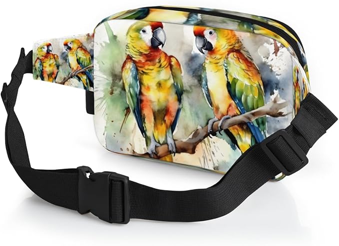 Watercolor Bird Tree Branch Waterproof Fanny Pack for Women Men Adjustable Waist Bag with Double Zipper Pockets Lightweight Square Hip Pack for Running Travel Hiking Workout Cycling