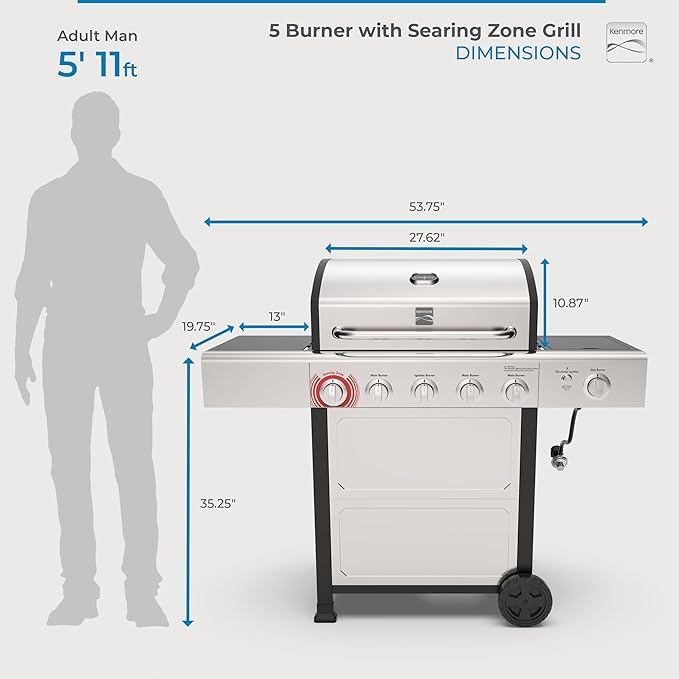 Kenmore BBQ Propane Gas Grill - 5 Burners with Side Burner &amp Searing Zone 644 Sq. In. Stainless Steel Grill 66000 BTU Ideal for Outdoor Cooking Patio &amp Backyard Silver