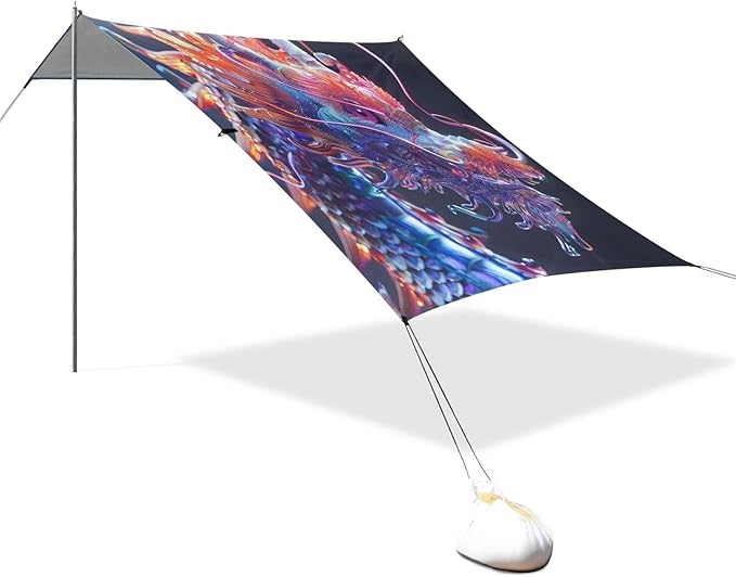 ALAZA Rainbow Chinese Dragon Beach Tent Sun Shelter UPF50+ Protection Beach Shade Canopy w/ 4 Sandbags for Outdoor Camping Fishing Backyard Fun Picnic 10x9 ft