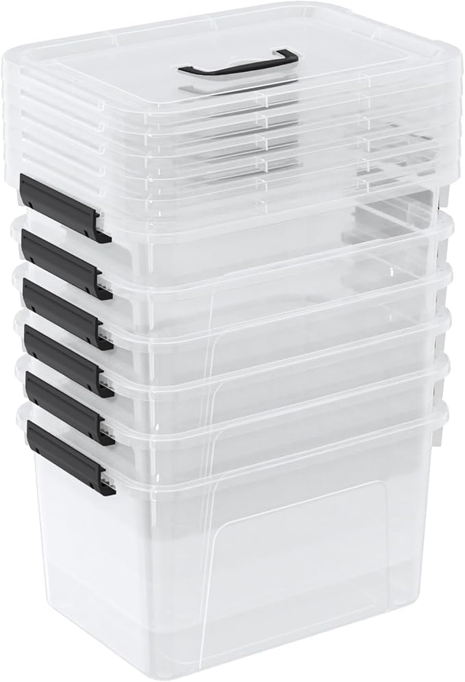 12 Quarts Clear Latching Bins with Lids Plastic Storage Tote Box with Handle 6 Packs