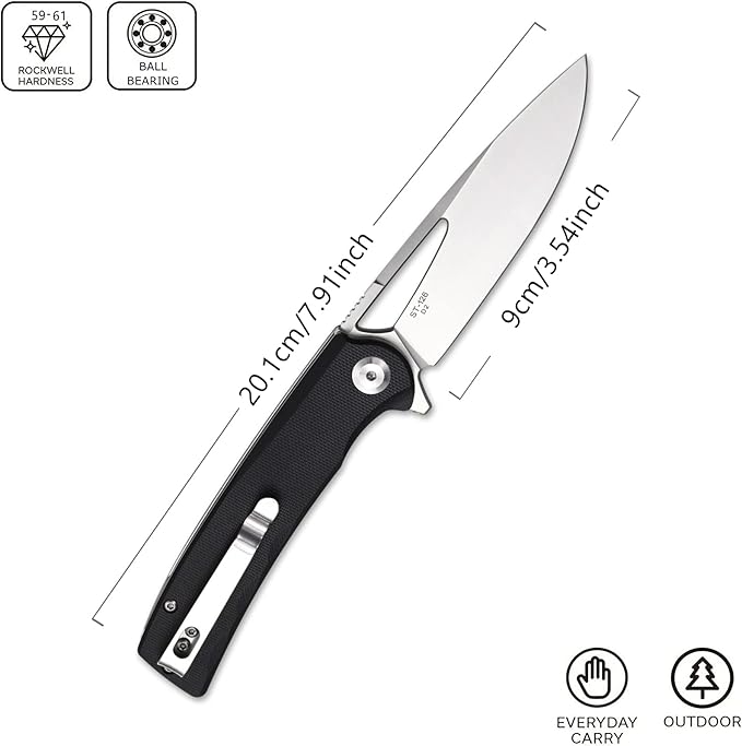 Sitivien ST126 Folding KnifeD2 Satin Blade+G10 HandlesLiner LockDeep Carry Pocket Clip for Outdoor and EDC(Black)