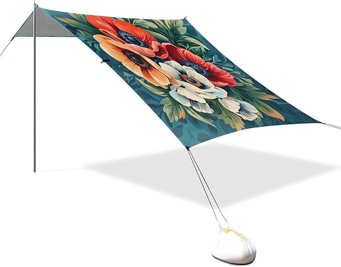 ALAZA Anemone Flower Bouquet Beach Tent Sun Shelter UPF50+ Protection Beach Shade Canopy w/ 4 Sandbags for Outdoor Camping Fishing Backyard Fun Picnic 10x9 ft