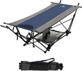 ALPHA CAMP Portable Hammock Bed with Stand Foldable Lounge Camping Bed for Patio Backyard Garden Poolside Beach Lawn Porch Include Pillow Storage Net Side Pocket with Cup Holder