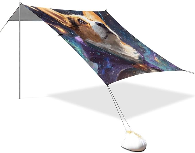 ALAZA Corgi Dog Starry Sky Beach Tent Sun Shelter UPF50+ Protection Beach Shade Canopy w/ 4 Sandbags for Outdoor Camping Fishing Backyard Fun Picnic 10x9 ft