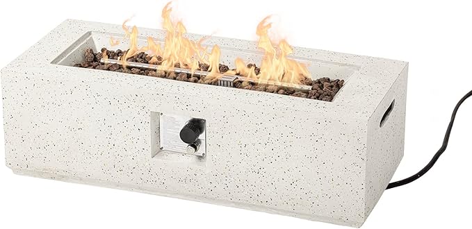 HOMPUS Outdoor Propane Fire Pit 44-inch x 17-inch Rectangle White Terrazzo Concrete Fire Table with Lava Rocks and Rain Cover 50000 BTU Gas Fire Pit for Patio Deck or Backyard