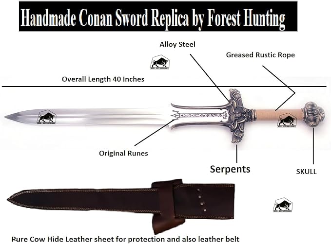 Conan The Barbarian Sword – Real Full Tang Atlantean Swords | 5160 Carbon Steel Brass Fittings &amp Leather Sheath | Medieval Fantasy King Sword Prop | Gift for Him Christmas Viking Gift for Him