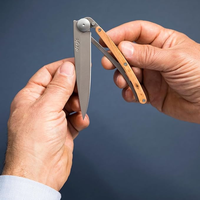 deejo - 27G Folding Pocket Knife with Belt Clip - Naked Grey Titanium Finish 2.95-Inch Stainless Steel Blade Olive Wood Handle - Lightweight Everyday Carry for Home Work and Outdoor Use