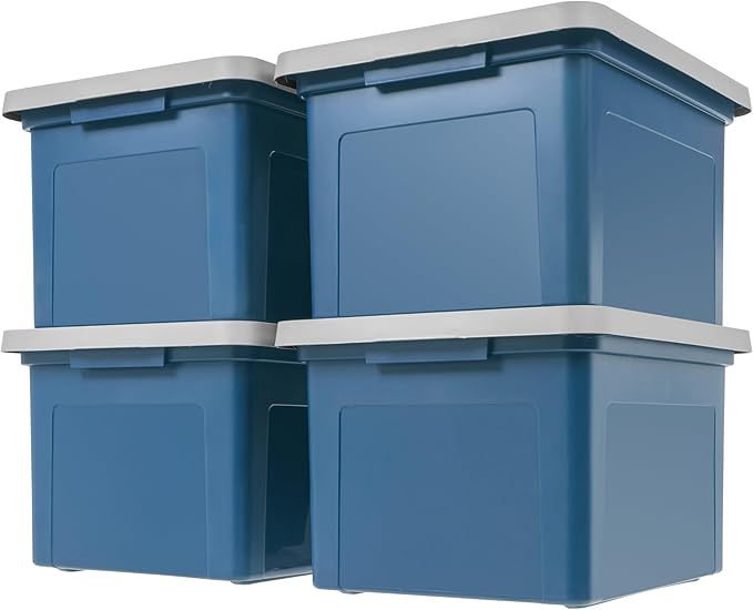 IRIS USA File Box Plastic File Organizer for Letter/Legal File Document Box Durable Storage Bin Tote with Secure Latching Lid Stackable BPA-Free Eco Friendly Sustainable Navy/Gray 35 Qt. 4 Pack