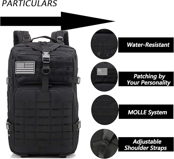 50L Military Tactical Backpack Training Gym Fitness Bag Outdoor Hiking Camping Army Molle Backpacks for Women Travel (Black)