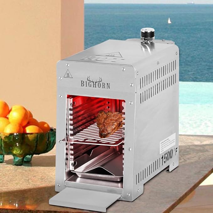 BIG HORN OUTDOORS Portable Infrared Broiler Propane Gas Grill 1500 Degree Stainless Steel Tabletop Quick Cooking Steak Grill for Meat Seafood Veggies