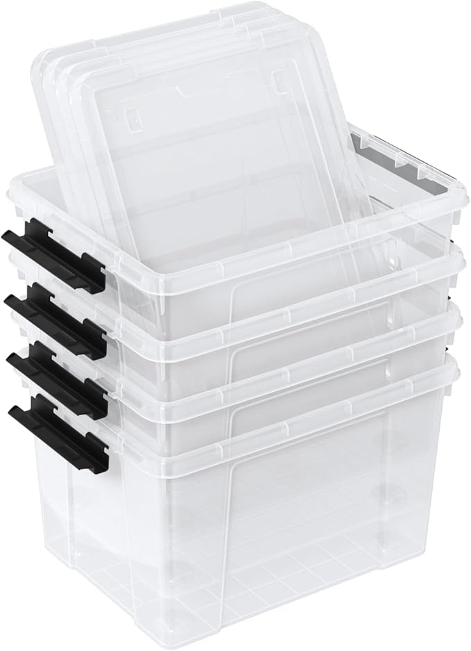 23 L Clear Latch Storage Bins with Wheels 4 Pack Plastic Latch Storage Box with Lids