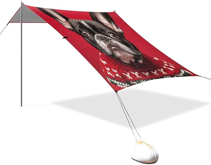 ALAZA French Bulldog Wearing Christmas Sweaters on Red Beach Tent Sun Shelter Portable Canopy Sunshade for Outdoor Camping Picnics Backyard Fun 10x9 ft