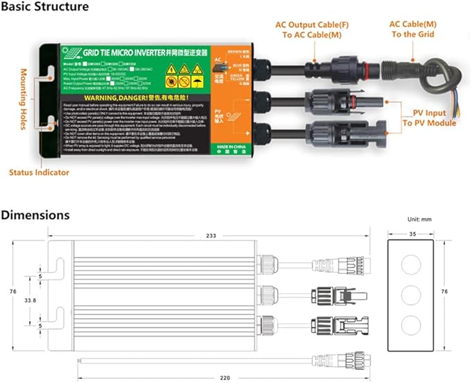 Y&ampH 350W Grid Tie Micro Inverter MPPT Solar Input Voc34-46V AC90-140V Output for 24V 36V Solar Panel