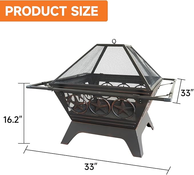 33-Inch Square Fire Pit Large Metal Fireplace/Firepit with Mesh Lid Poker Waterproof Cover