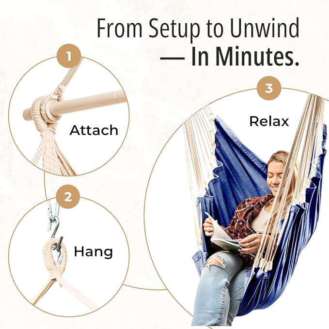 Hanging Hammock Chair Swing – Hanging Chair Outdoor &amp Indoor - Hammock Swing Chair – Quick &amp Easy Setup with Hardware Kit – Durable &amp Spacious Full Body Support – Holds 440 Lbs