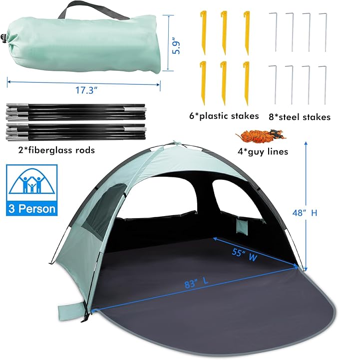 WhiteFang Beach Tent Anti-UV Portable Sun Shade Shelter for 3/4/6/8 Person Extendable Floor with 3 Ventilating Mesh Windows Plus Carrying Bag Stakes and Guy Lines