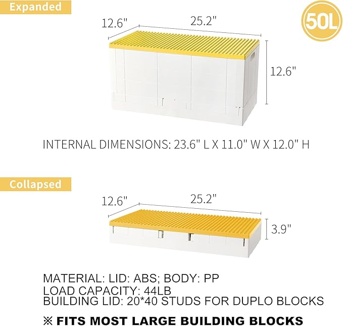SHIMOYAMA 53 Qt. Folding Storage Box with Large Building Lid for Lego Duplo Blocks 13 Gallon Collapsible Organizer for Lego Bricks (Yellow)