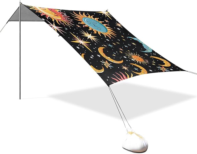 ALAZA Sun Moon Star Starry Sky Cartoon Beach Tent Sun Shelter UPF50+ Protection Beach Shade Canopy w/ 4 Sandbags for Outdoor Camping Fishing Backyard Fun Picnic 10x9 ft