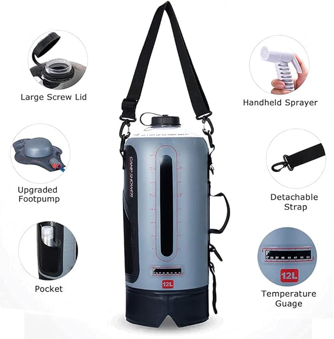 Portable Pressure Camping Shower Portable Camping Shower Bag 12L/3.17 Gallons Solar Waterproof Portable Outside Shower Bag with Protable Water Pump and Shower Hose