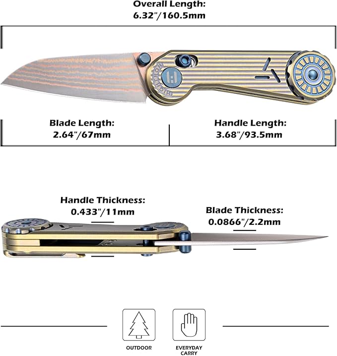 Hightron EdgePlay Premium Fidget Knife 2.64 Copper Damascus Blade and Titanium Handle Thumb Stud Opener and Axle Lock Pocket Knife with Pocket Clip For Men Women Camping Hiking Gold