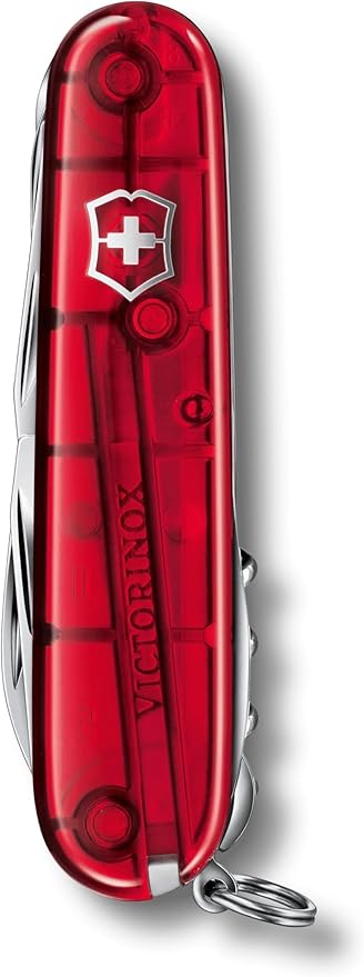 Victorinox Huntsman Swiss Army Knife Medium Multi Tool Camping Knife 15 Functions Large Blade Bottle Opener Red Transparent