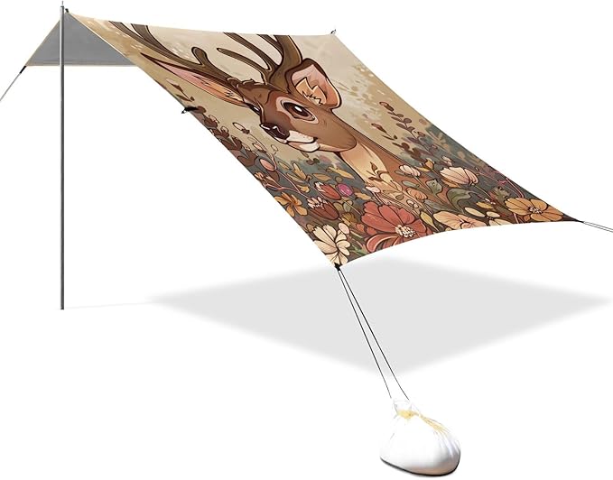 ALAZA Beautiful Deer with Awesome Flowers Cartoon -Seed 1713421452 Beach Tent Sun Shelter Portable Canopy Sunshade for Outdoor Camping Picnics Backyard Fun 10x9 ft