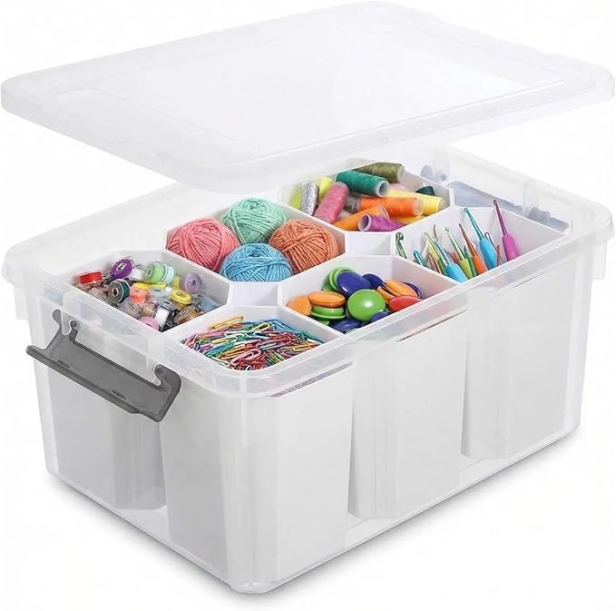 EOENVIVS Clear Plastic Storage Box with Dividers Transparent Organizer Bin with Lid and Handle Multi-Compartment Container for Office Supplies Craft Tools Cables and Accessories