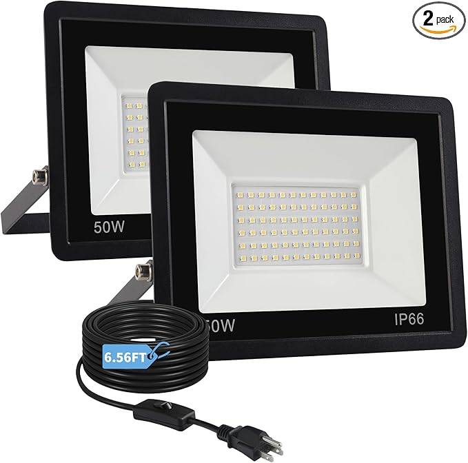50W Flood Lights Outdoor8000LM Bright LED Work LightIP66 Waterproof Security Outside Lights for Yard with Switch and 6.5FT Cord6500K Daylight White Plug in Outdoor Light for GarageGarden2 Pack