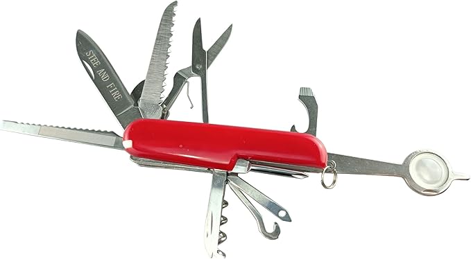 11-in-1 Multifunctional Pocket KnifeBoy Scout knife Red Handle Stainless Steel Survival Tool with Scissors Bottle Opener Saw Screwdriver Ruler Tweezers 3.58 Inch Length