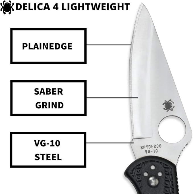 Spyderco Delica 4 Lightweight Signature Knife with 2.90 Saber-Ground Steel Blade and FRN Handle - PlainEdge - C11PBK
