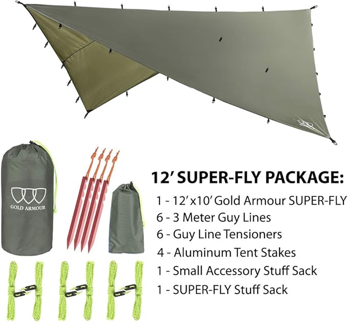 Gold Armour Rainfly Tarp Hammock Premium 14.7ft/12ft/10ft/8ft Rain Fly Cover Waterproof Ultralight Camping Shelter Canopy Survival Equipment Gear Camping Tent Accessories (OD Green 12ft x 10ft)