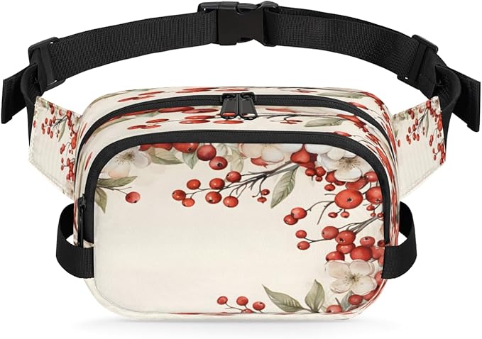 Flowery Berry Waterproof Fanny Pack for Women Men Adjustable Waist Bag with Double Zipper Pockets Lightweight Square Hip Pack for Running Travel Hiking Workout Cycling