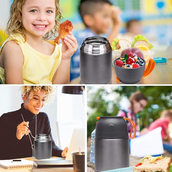 MAXSO 2 Pack Soup Thermo for Hot &amp Cold Food for Kids Adults Vacuum Insulated Food Jar Thermal Lunch Containers Travel Food Flask with Spoon (24 oz17 oz) (Grey)
