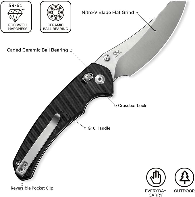 CIVIVI Sixgill Folding Pocket Knife for EDC 3.41'' Nitro-V Blade G10 Handle Deep Carry Reversible Clip Gift for Men Women C24050-1 (Black)