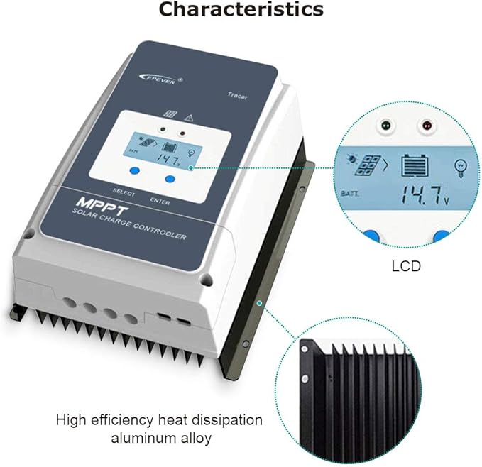 EPEVER 60A MPPT Solar Charge Controller 12/24/36/48VDC Automatically Identifying System Voltage with MT52 Remote Meter &amp Temperature Sensor RTS &amp Communication Cable RS485
