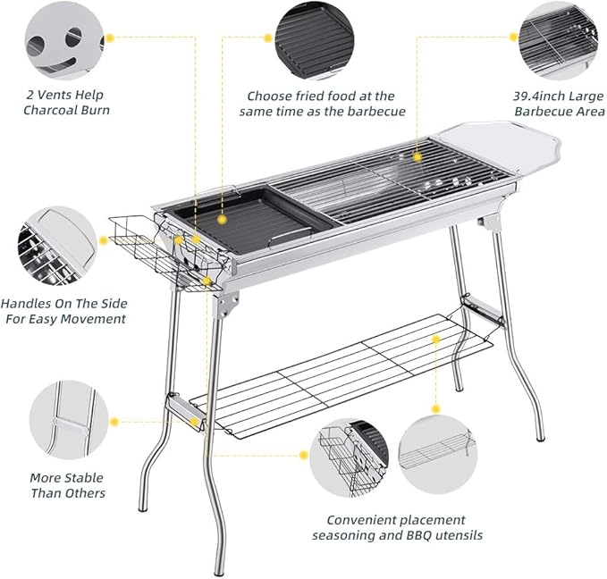Portable Charcoal GrillOutdoor BBQ Grill for Christmas Picnic Thanksgiving Family Gathering and Backyard BarbecueWith Storage Bag &amp Non-Stick Frying Pan