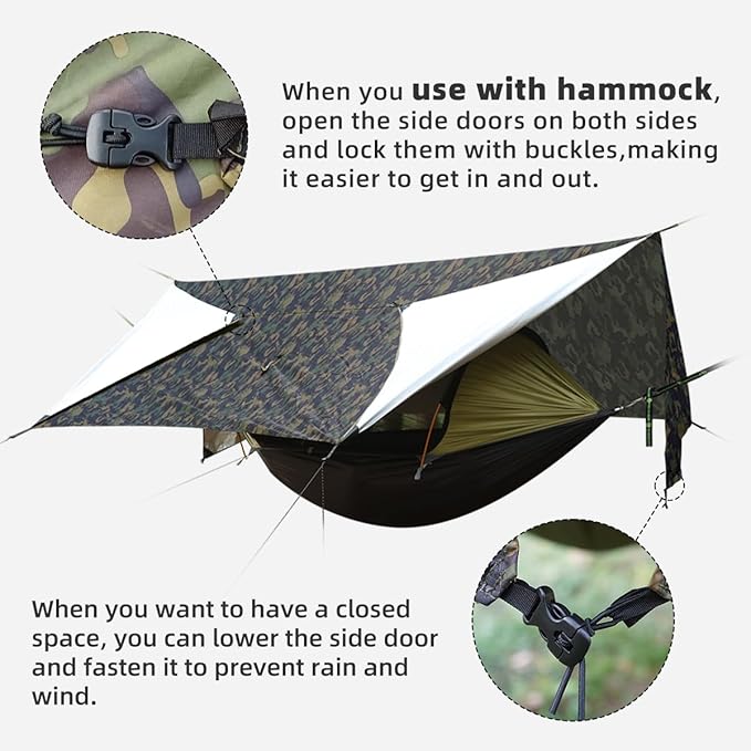 Ultralight Tarp 14ft Hammock Rain Fly Lightweight Waterproof Camping Tent Tarp with Doors Bushcraft Tarp Shelter for Backpacking Hiking Camping