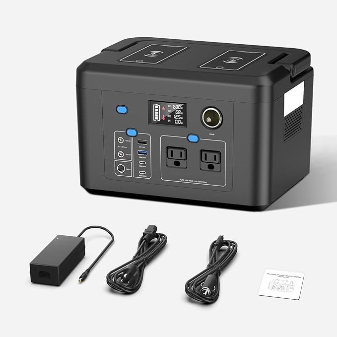 Portable Power Station 600W Powkey 296Wh Battery Backup with 2 Pure Sine Wave AC Outlets USB-C PD100W and 2 Wireless Chargers Solar Generator (Solar Panel Optional) for Outdoor Camping/RVs/Home Use