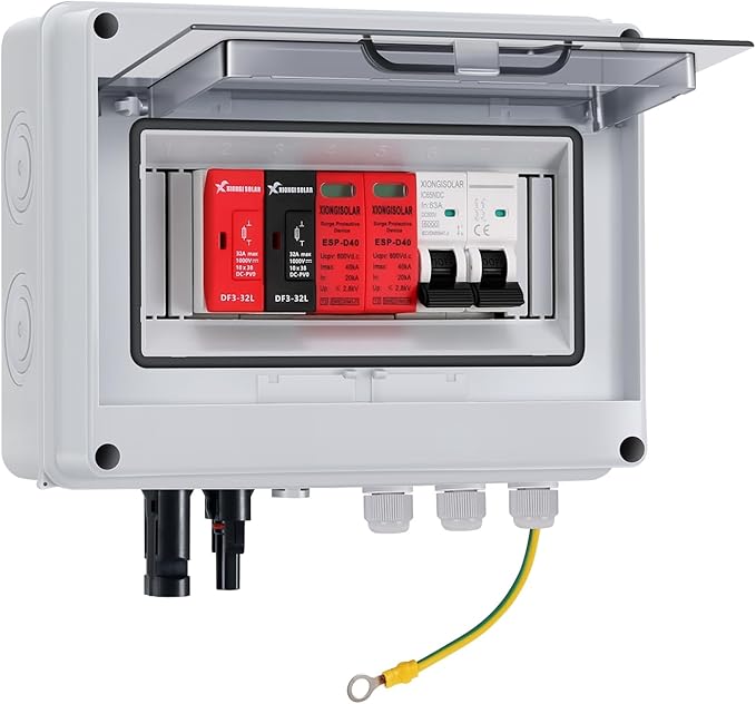 VOU 600V Solar DC PV Combiner Box for Solar Panel1 String with Lightning Arrester Connector for On/Off Grid Solar Panel System1 Input 1 Out 15A Rated Current Fuse63A Circuit BreakerWaterproof