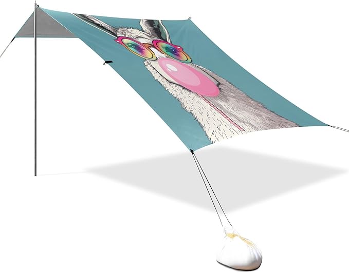 ALAZA Funny Llama Rainbow Glasses Beach Tent Sun Shelter UPF50+ Protection Beach Shade Canopy w/ 4 Sandbags for Outdoor Camping Fishing Backyard Fun Picnic 10x9 ft